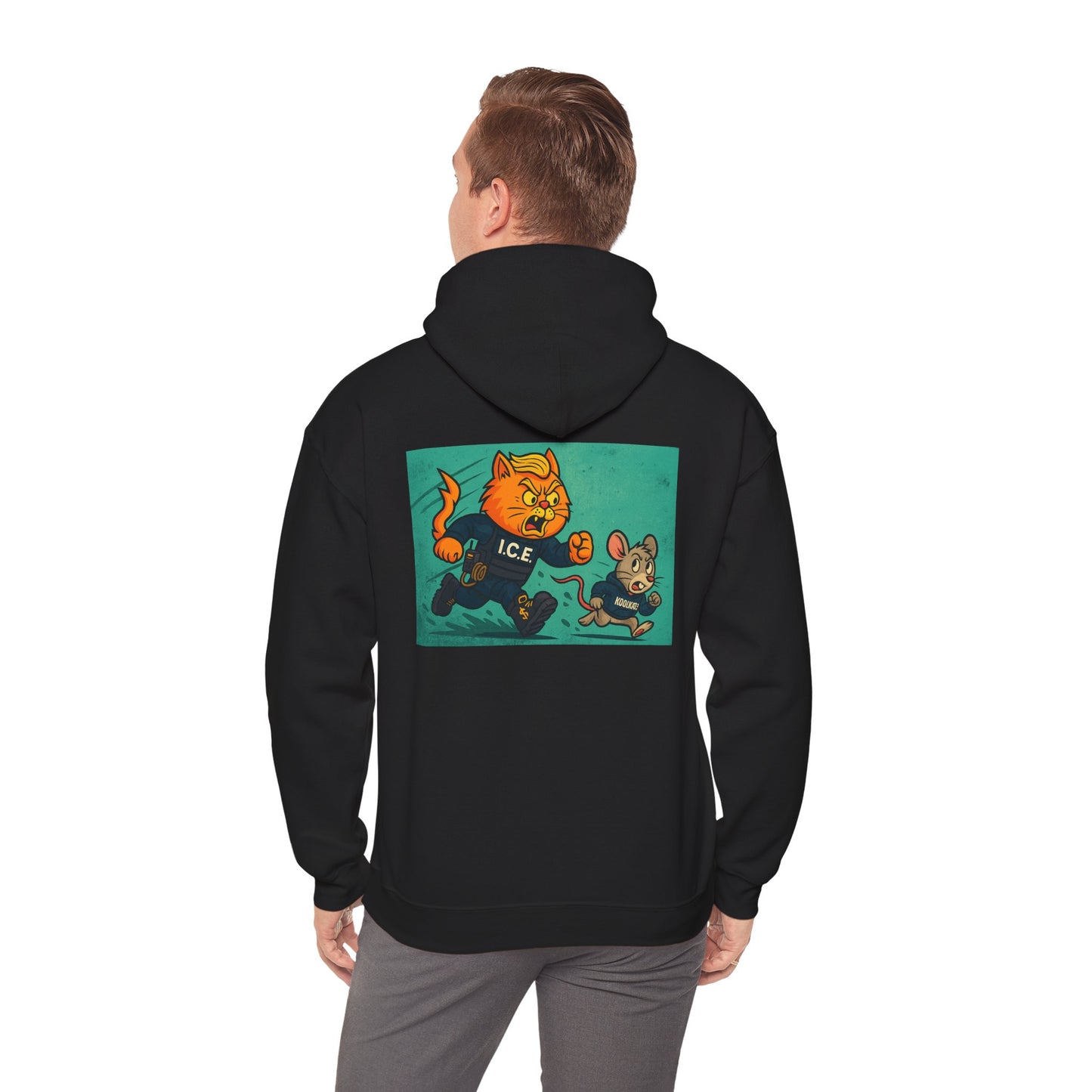 KoolKat 3 Heavy Blend Hoodie, "Trumpy Kitty I.C.E", Unisex Graphic Hoodie, Funny Animal Apparel, Gift for Cat Lovers