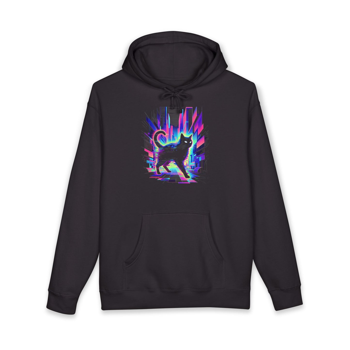 Retro Glitch Cat Hoodie — Vaporwave Neon Cat Graphic Sweatshirt
