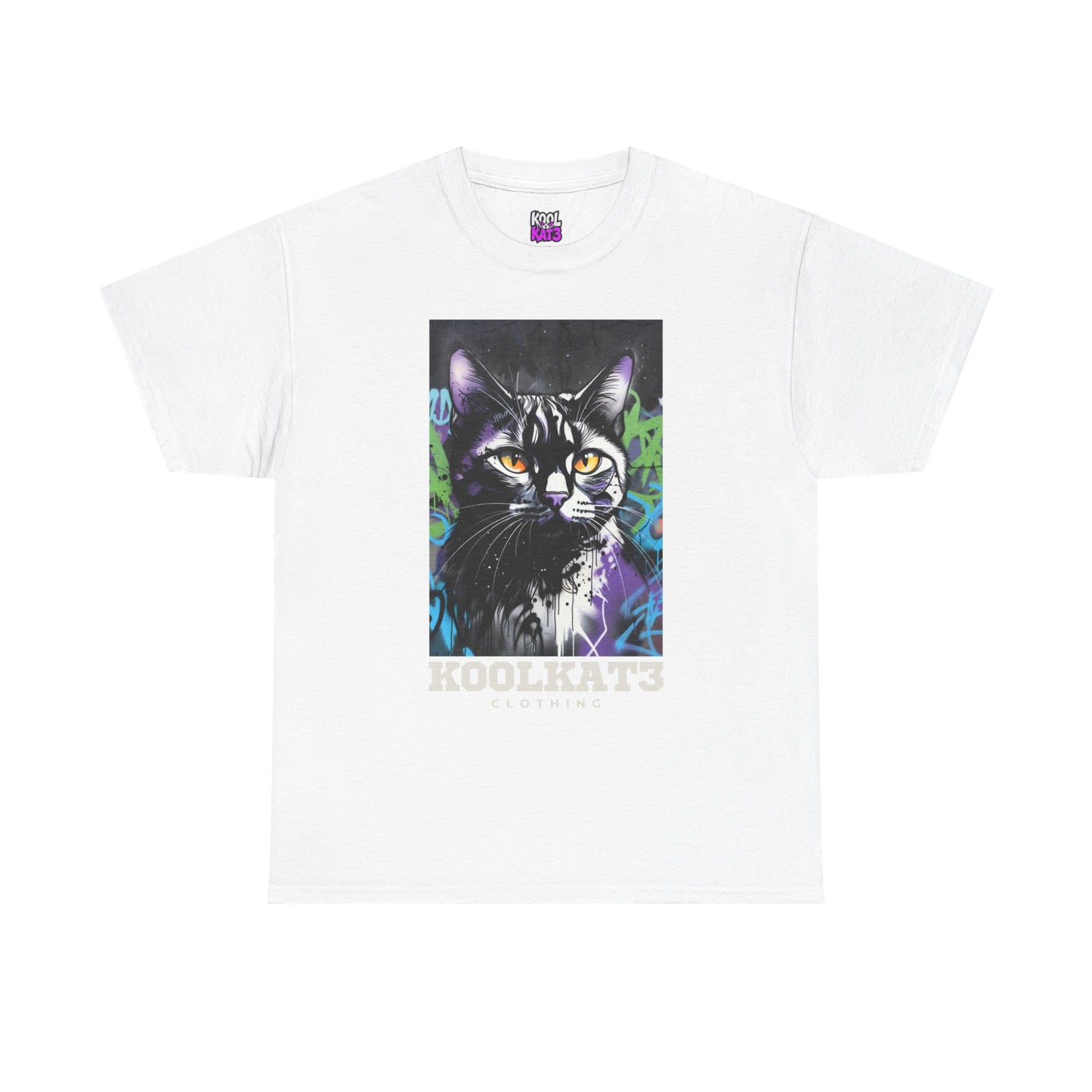 Cat Portrait T-Shirt — Urban Graffiti Black Cat Tee with Amber Eyes