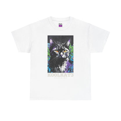 Cat Portrait T-Shirt — Urban Graffiti Black Cat Tee with Amber Eyes