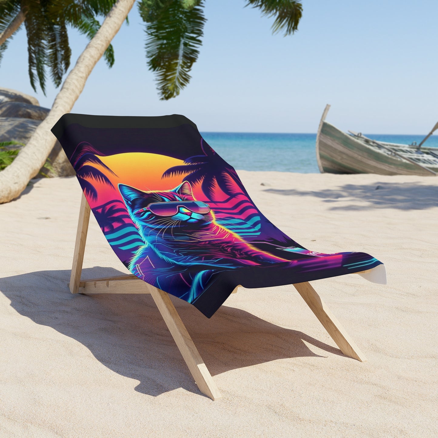 Neon Retro Cat Beach Towel – 80s Sunset Palm Drink Design
