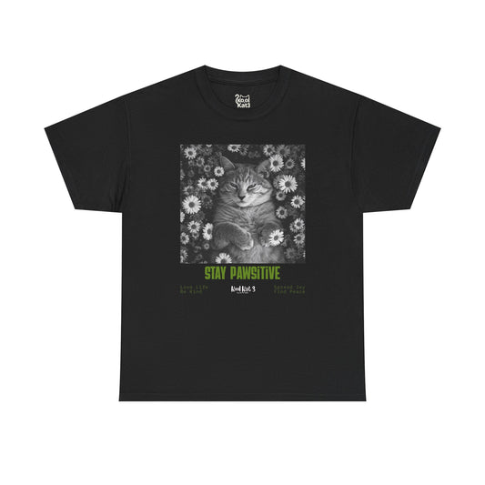 Cat Poster Tee — "Stay Pawsitive" Floral Cat Graphic T-Shirt