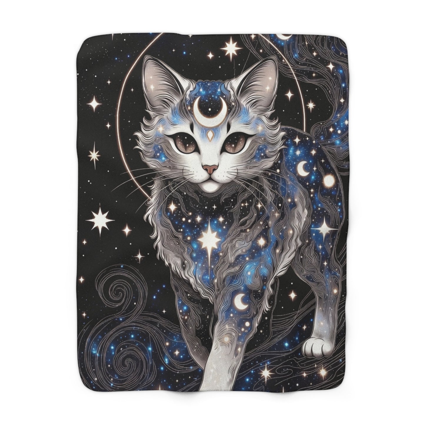 Celestial Cat Sherpa Blanket — Starry Moon Fleece Throw for Cozy Nights