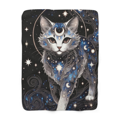 Celestial Cat Sherpa Blanket — Starry Moon Fleece Throw for Cozy Nights
