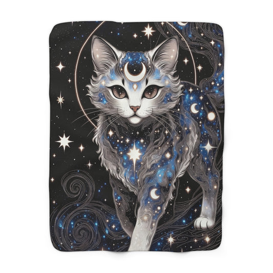 Celestial Cat Sherpa Blanket — Starry Moon Fleece Throw for Cozy Nights
