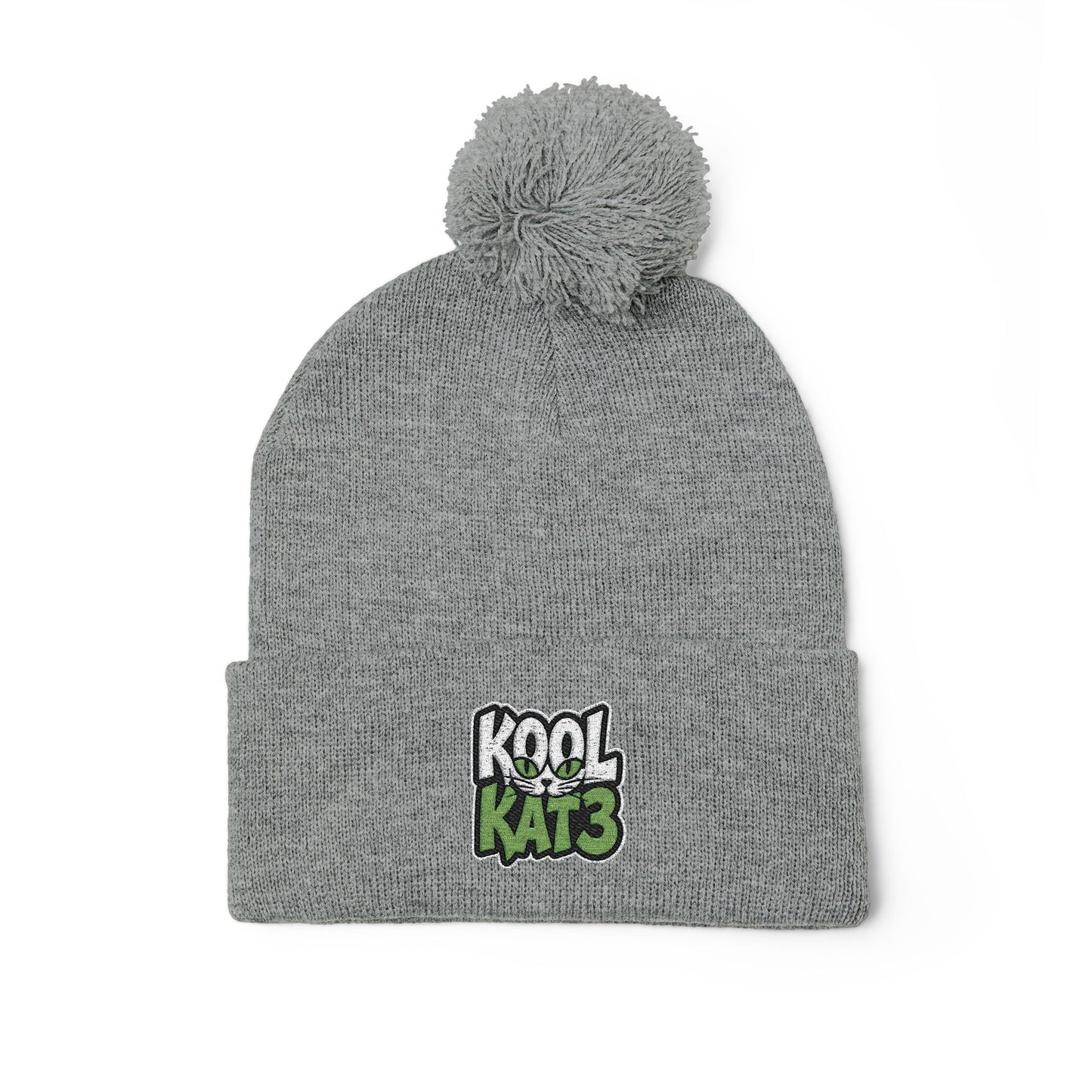 Kool Kat Embroidered Pom-Pom Knit Cap — Gray Winter Beanie