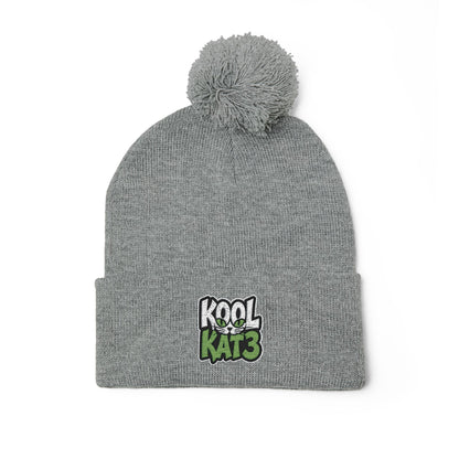 Kool Kat Embroidered Pom-Pom Knit Cap — Gray Winter Beanie