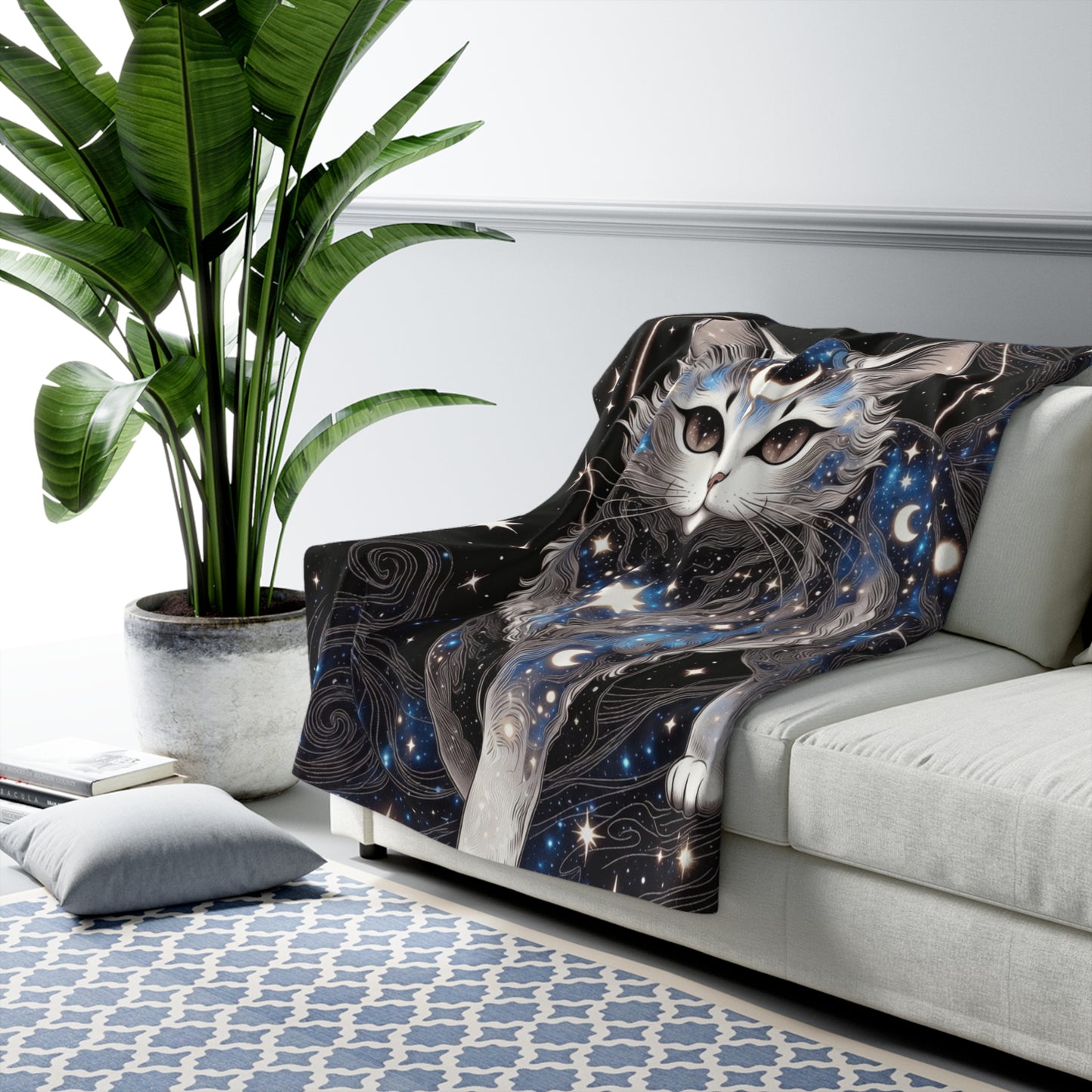 Celestial Cat Sherpa Blanket — Starry Moon Fleece Throw for Cozy Nights
