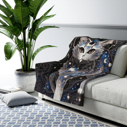 Celestial Cat Sherpa Blanket — Starry Moon Fleece Throw for Cozy Nights